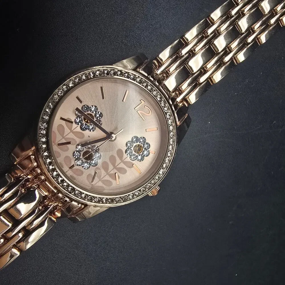 Women's Accutime Rose Gold Tone Quartz Watch‎ Rhinestone Flowers WORKS